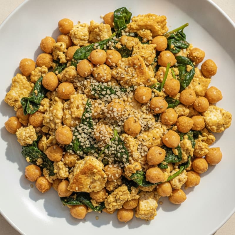 Silken Tofu and Chickpea Scramble with Spinach and Hemp Seeds