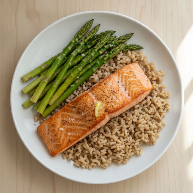 Seared Salmon with Steamed Asparagus and Brown Rice