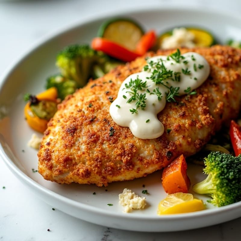 Crispy Spiced Chicken with Roasted Vegetables and Creamy Garlic Sauce