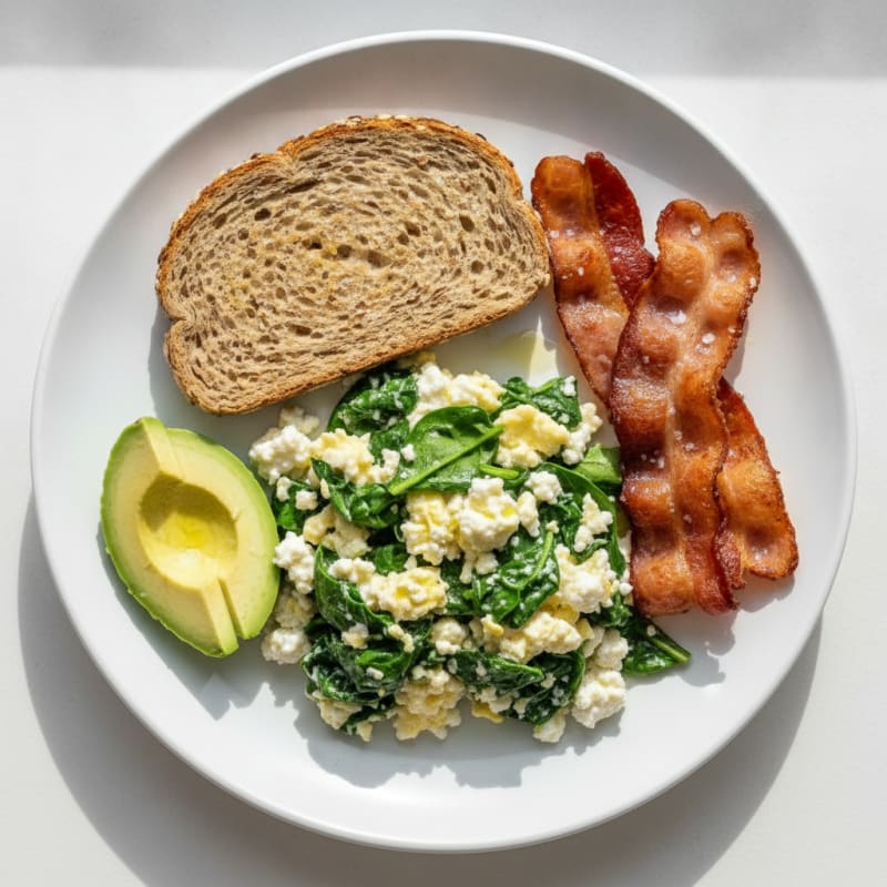 Egg White and Spinach Scramble with Cottage Cheese and Turkey Bacon