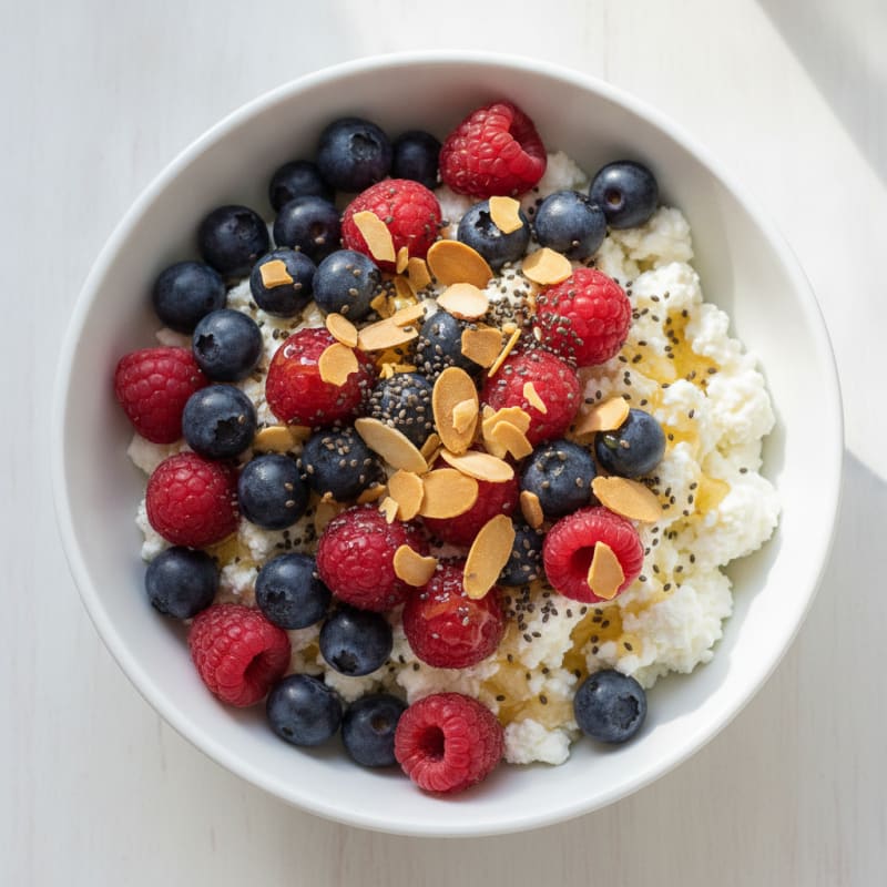 Cottage Cheese Berry Bowl with Chia Seeds and Almonds