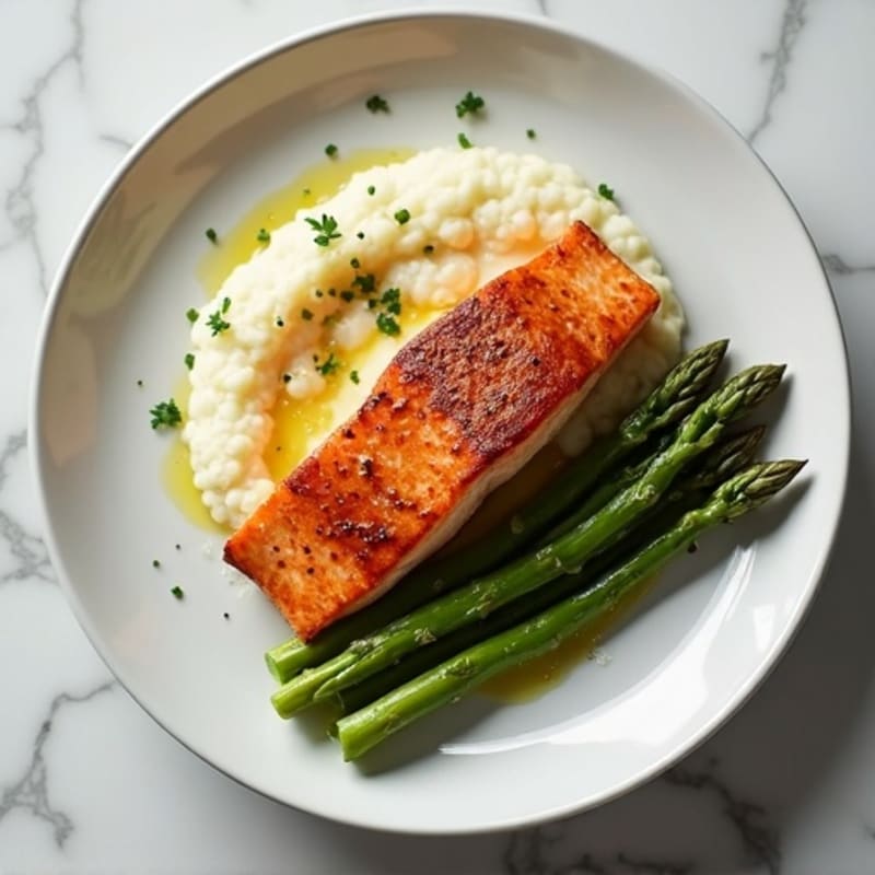 Seared Salmon Fillet with Roasted Asparagus and Cauliflower Mash