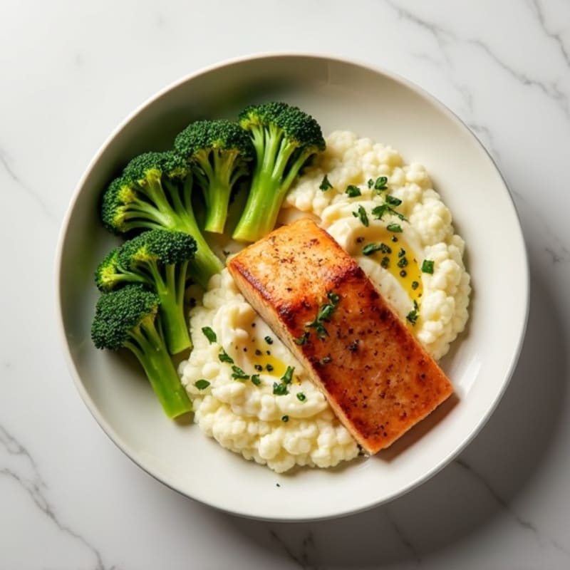 Seared Salmon with Steamed Broccoli and Garlic Cauliflower Mash