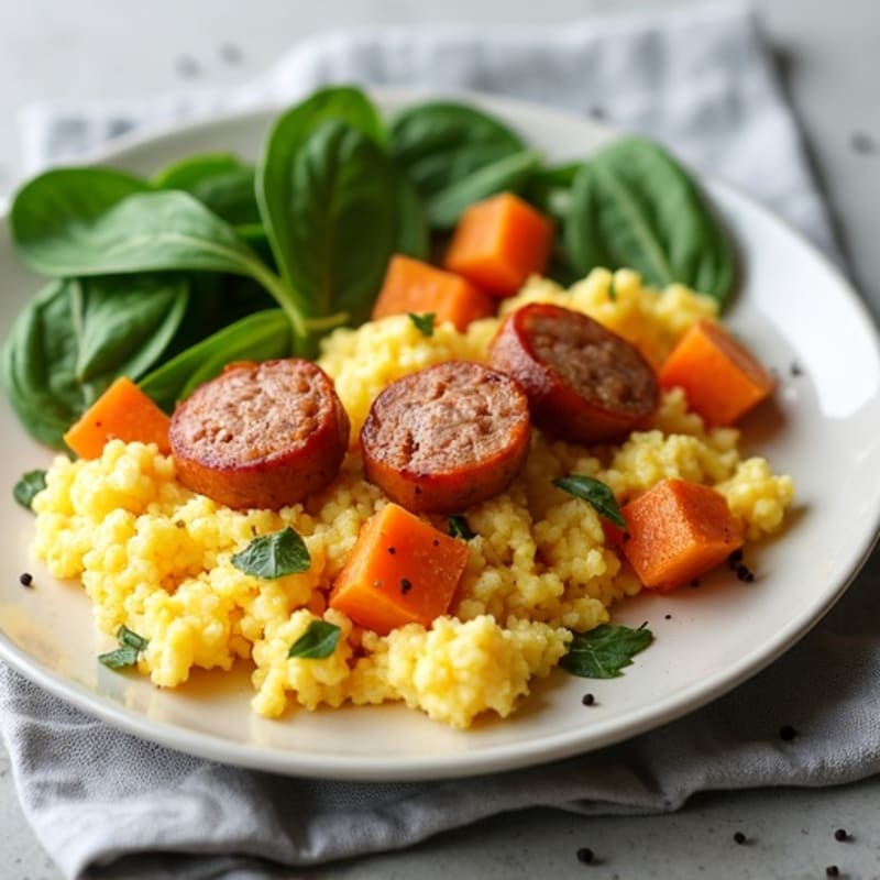 Egg White Scramble with Turkey Sausage and Roasted Sweet Potato