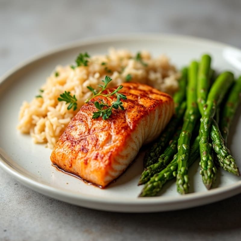 Seared Salmon Fillet with Steamed Asparagus and Brown Rice