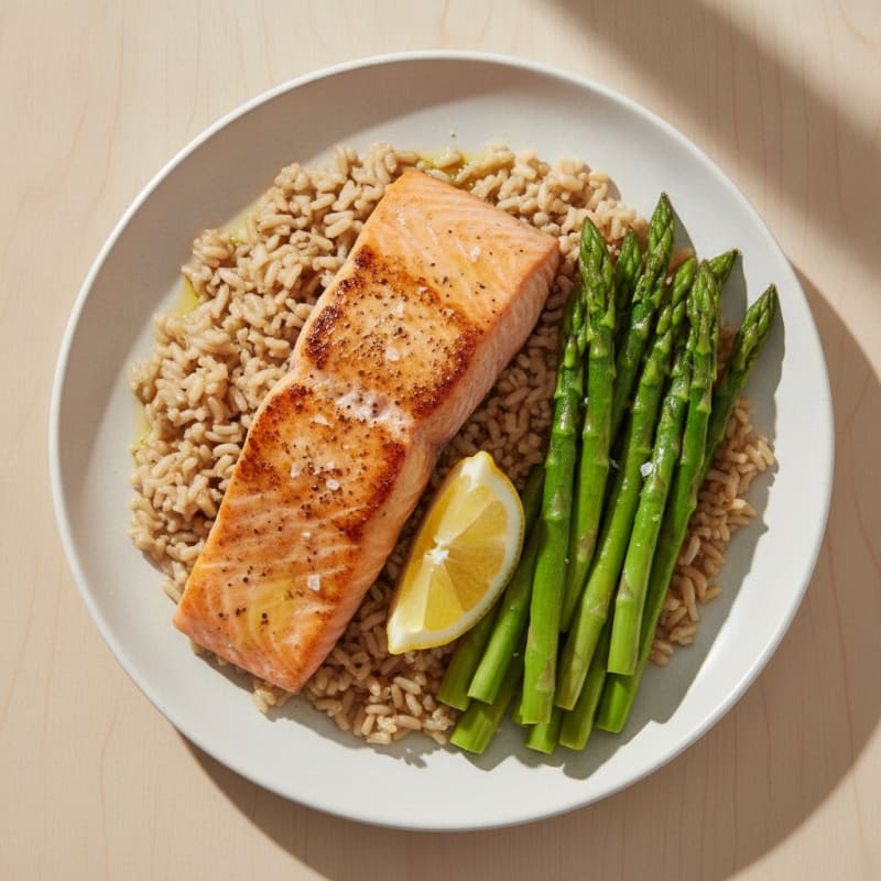 Seared Salmon with Steamed Asparagus and Brown Rice
