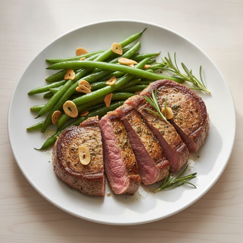 Seared Lamb Steak with Garlic Green Beans