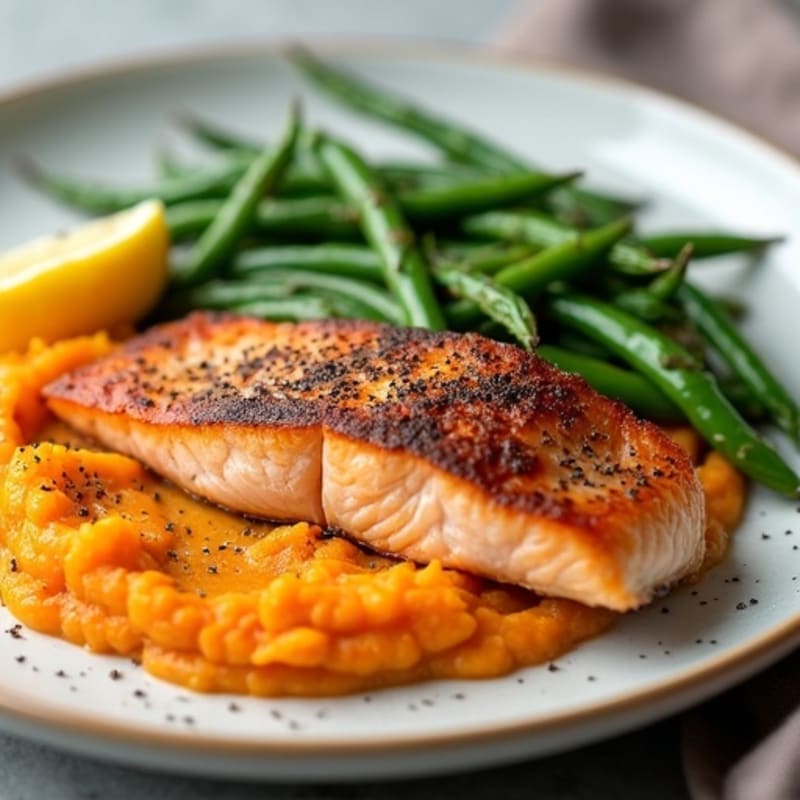 Seared Salmon with Garlic Green Beans and Sweet Potato Mash