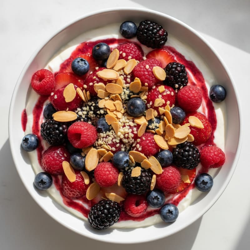 Silky Greek Yogurt Bowl with Mixed Berries and Whey Protein
