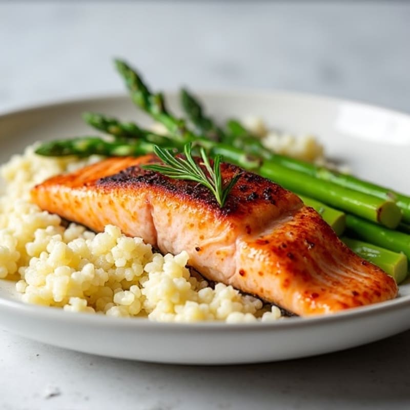 Seared Salmon Fillet with Roasted Asparagus and Cauliflower Rice