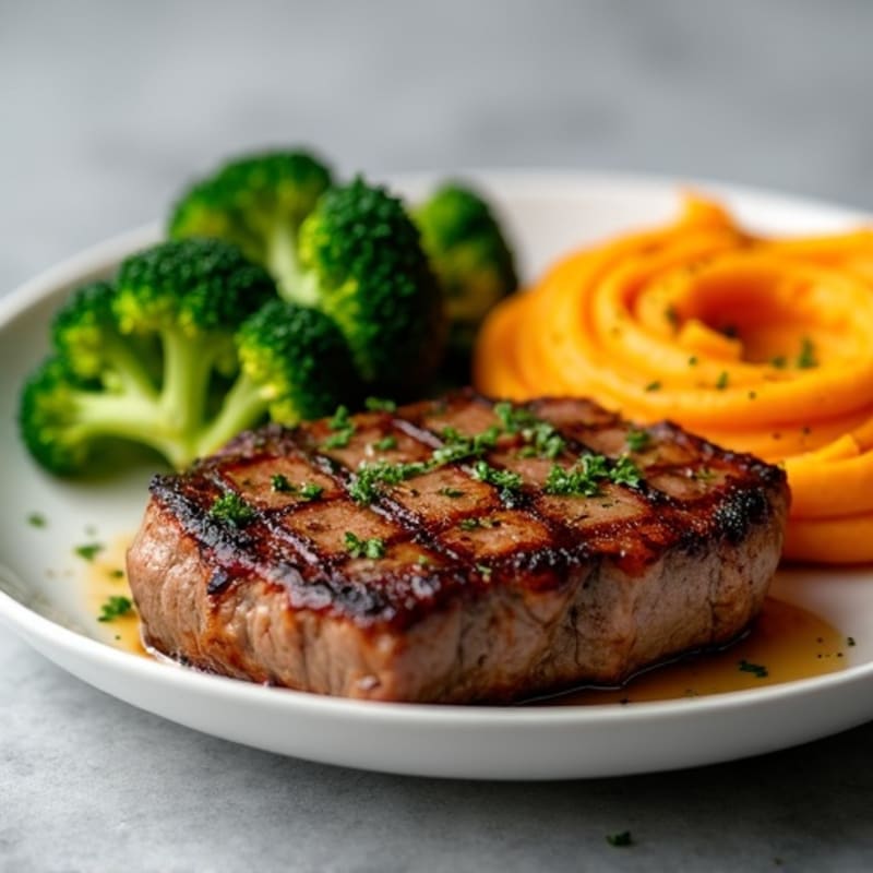 Seared Steak with Garlic Broccoli and Sweet Potato Mash