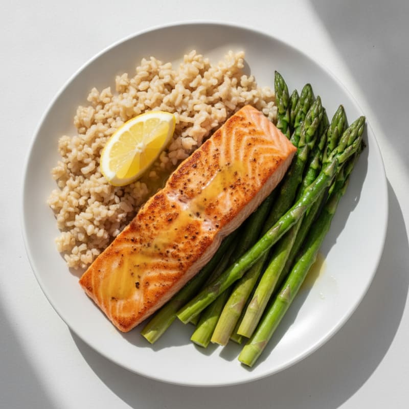 Seared Salmon with Steamed Asparagus and Brown Rice