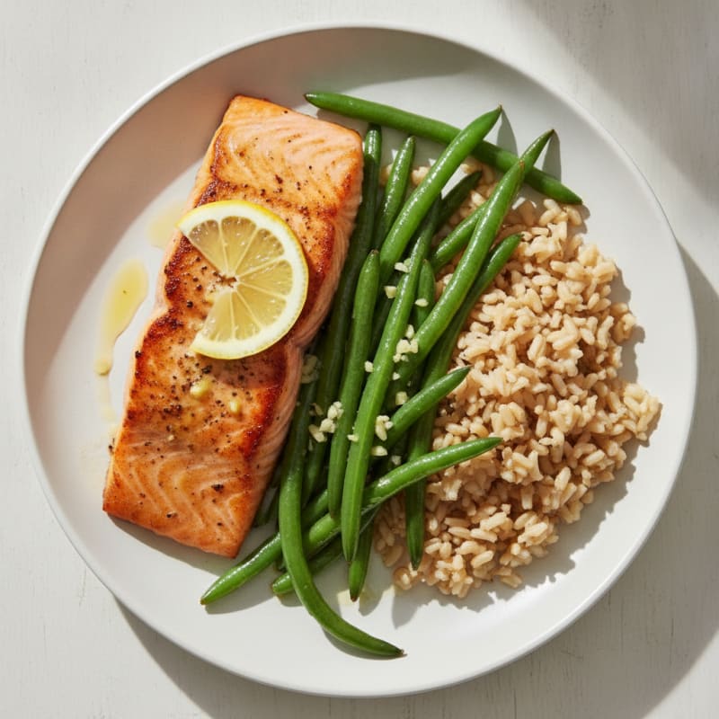 Seared Salmon with Garlic Green Beans and Brown Rice