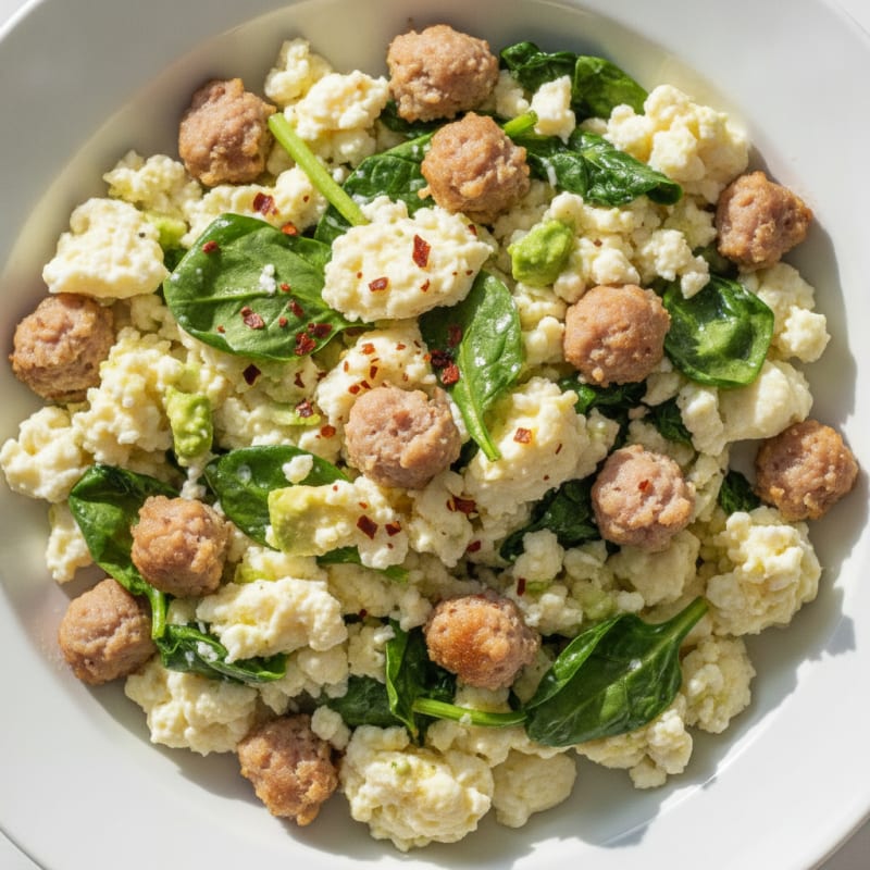 Egg White Spinach Scramble with Turkey Sausage