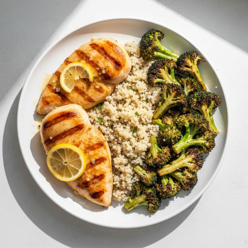Grilled Lemon Garlic Chicken Breast with Quinoa and Roasted Broccoli