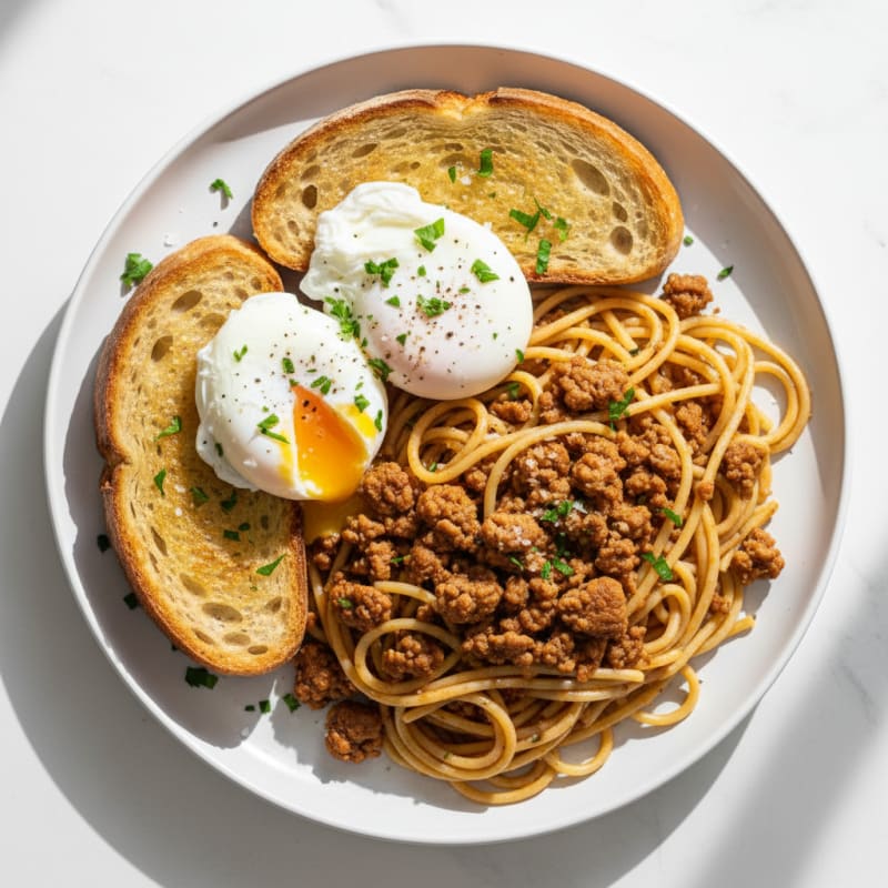 Poached Eggs with Sourdough and Spaghetti