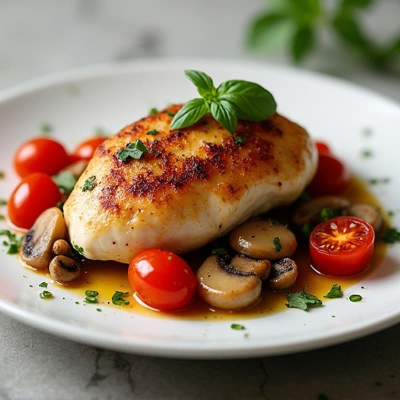 Pan-Seared Chicken with Roasted Garlic Butter Mushrooms and Blistered Tomatoes