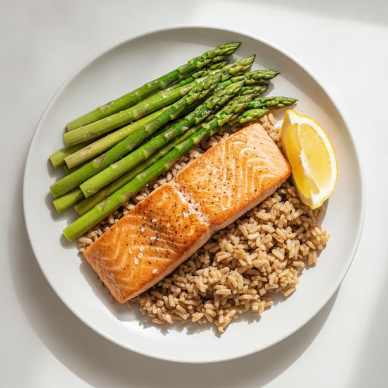 Seared Salmon Filet with Steamed Asparagus and Brown Rice