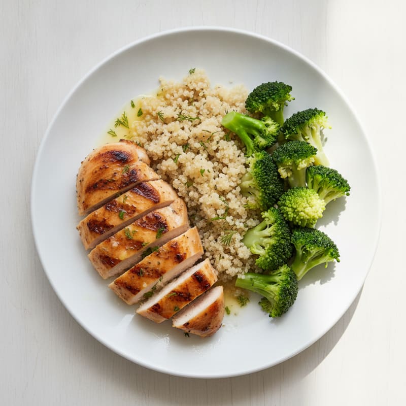 Grilled Chicken Breast with Steamed Broccoli and Quinoa