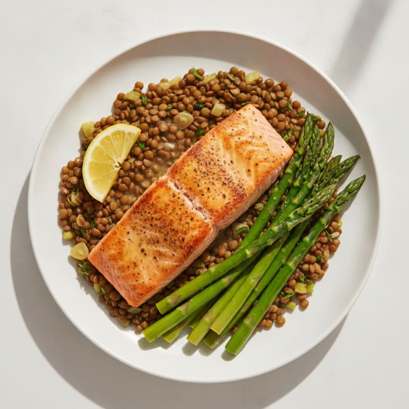 Seared Salmon with Steamed Asparagus and Lentil Pilaf
