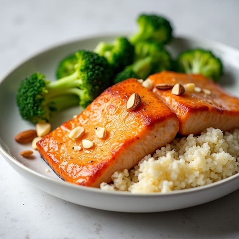 Seared Salmon with Steamed Broccoli and Cauliflower Rice