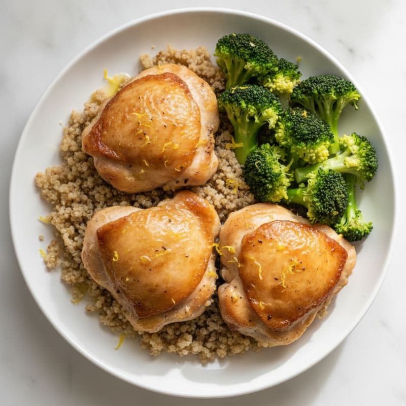 Roasted Chicken Thighs with Steamed Broccoli and Quinoa