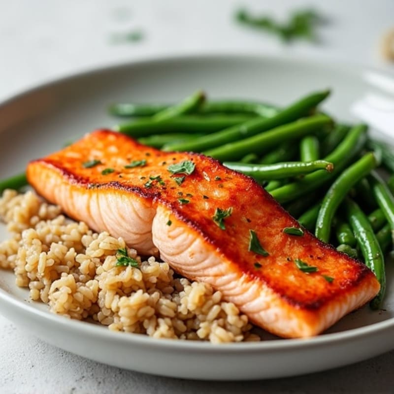 Seared Salmon Fillet with Garlic Green Beans and Brown Rice