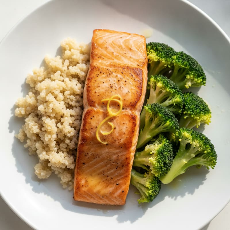 Seared Salmon Filet with Steamed Broccoli and Quinoa
