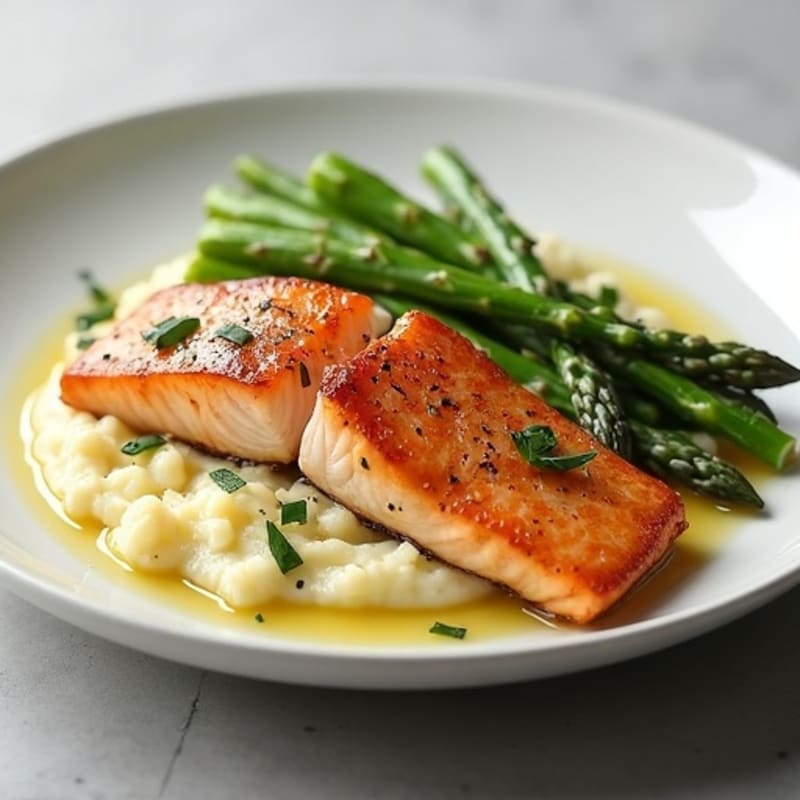 Seared Salmon Fillet with Steamed Asparagus and Garlic Mashed Cauliflower
