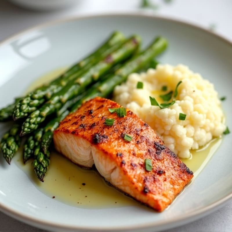 Seared Salmon with Steamed Asparagus and Garlic Mashed Cauliflower