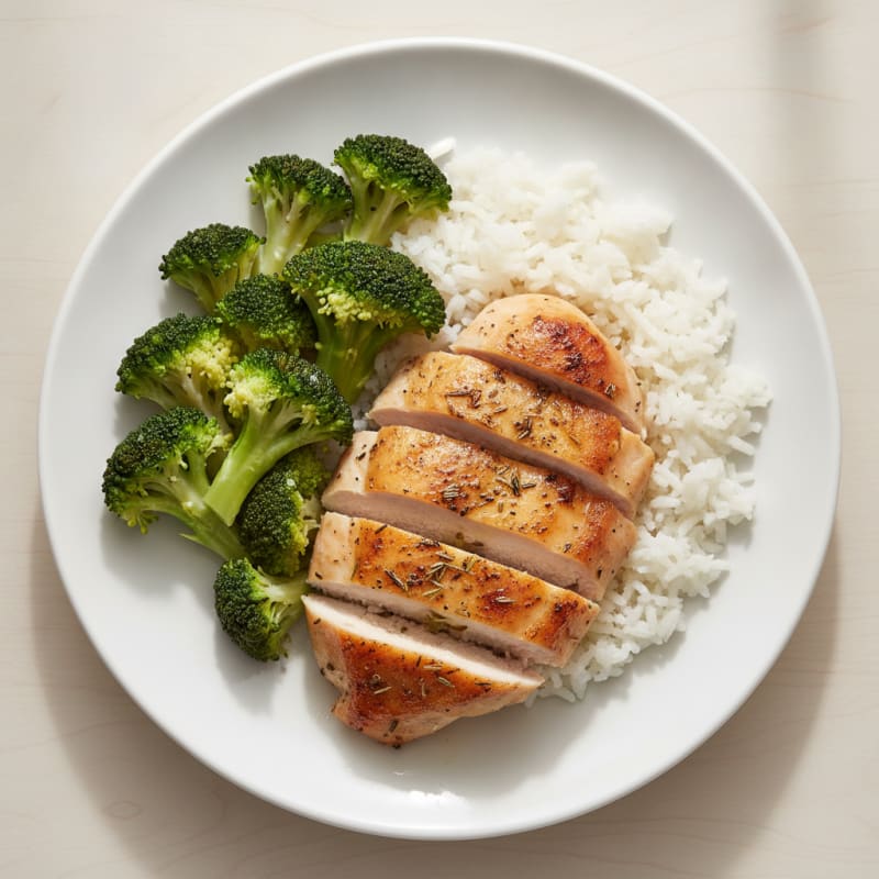 Herb-Roasted Chicken with Steamed Rice and Broccoli