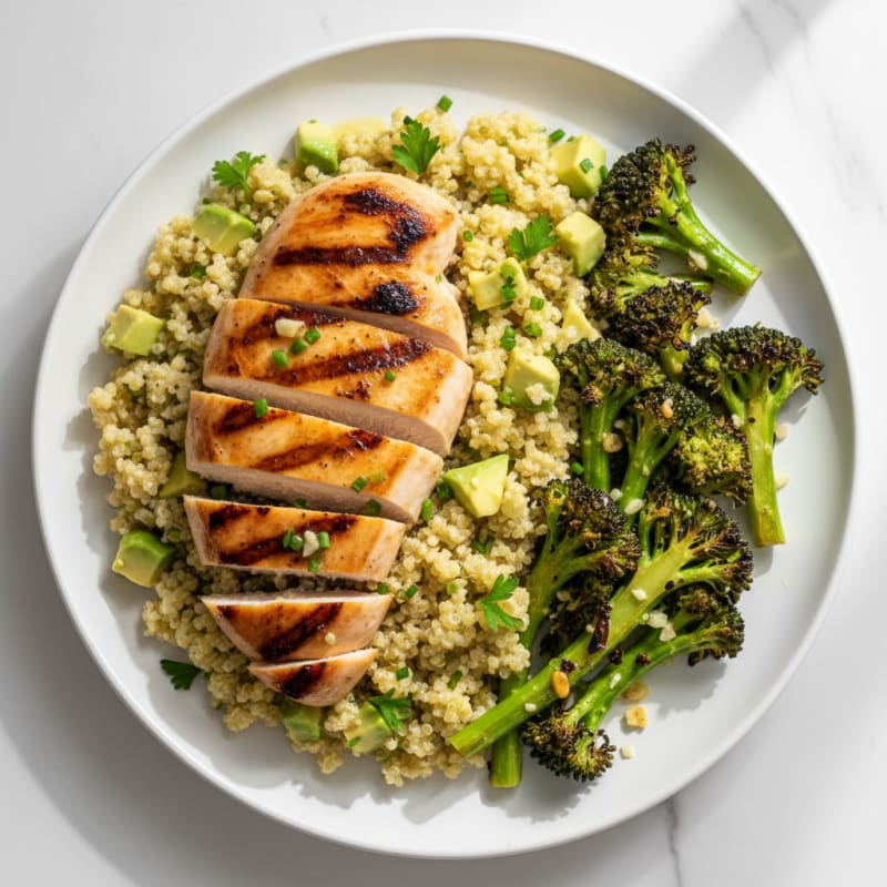 Grilled Chicken Breast with Creamy Quinoa and Roasted Broccoli