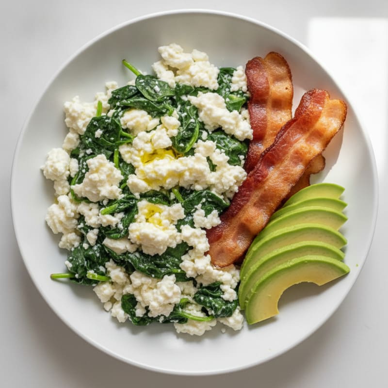 Egg White Spinach Scramble with Cottage Cheese and Turkey Bacon