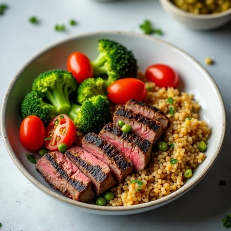 Grilled Steak and Quinoa Bowl with Roasted Broccoli and Cherry Tomatoes