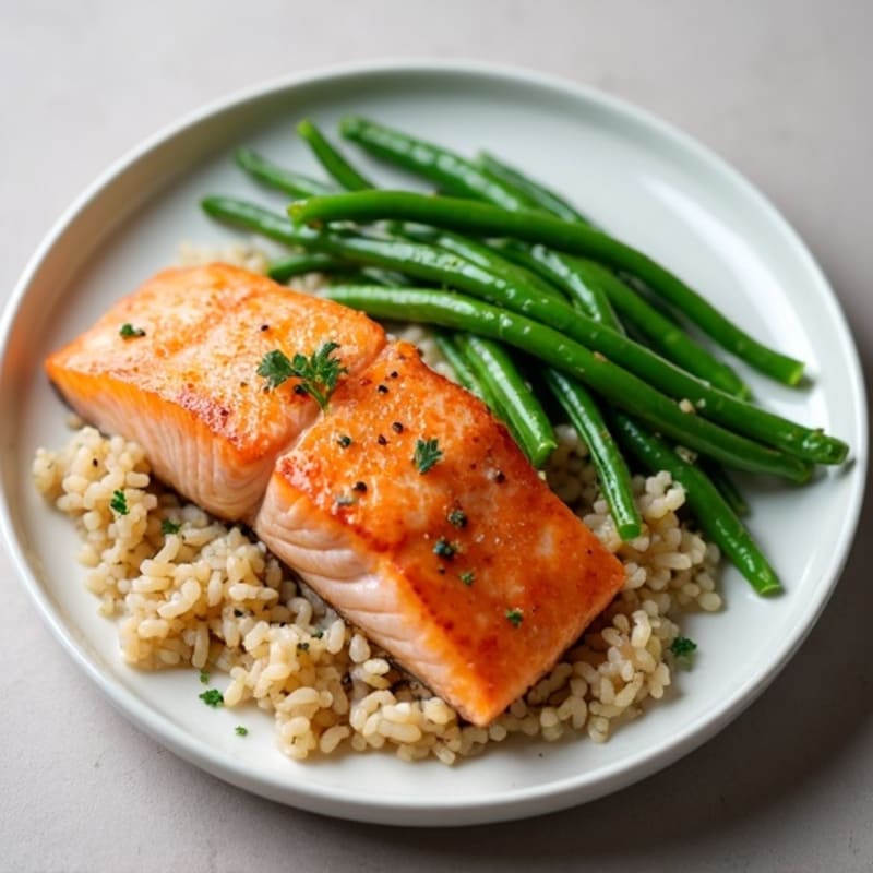 Seared Salmon with Steamed Green Beans and Brown Rice