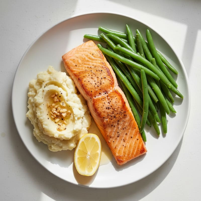Seared Salmon with Steamed Green Beans and Garlic Mashed Cauliflower