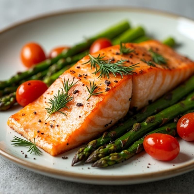 Flaky Lemon-Herb Roasted Salmon with Roasted Asparagus and Cherry Tomatoes