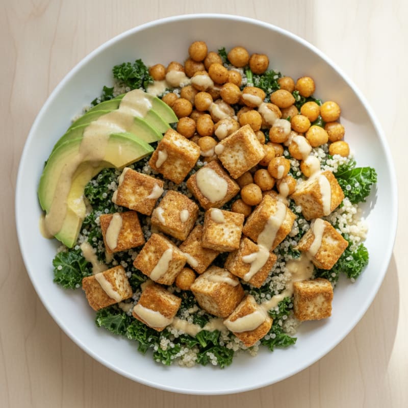 Crispy Tofu Power Bowl with Quinoa and Roasted Chickpeas