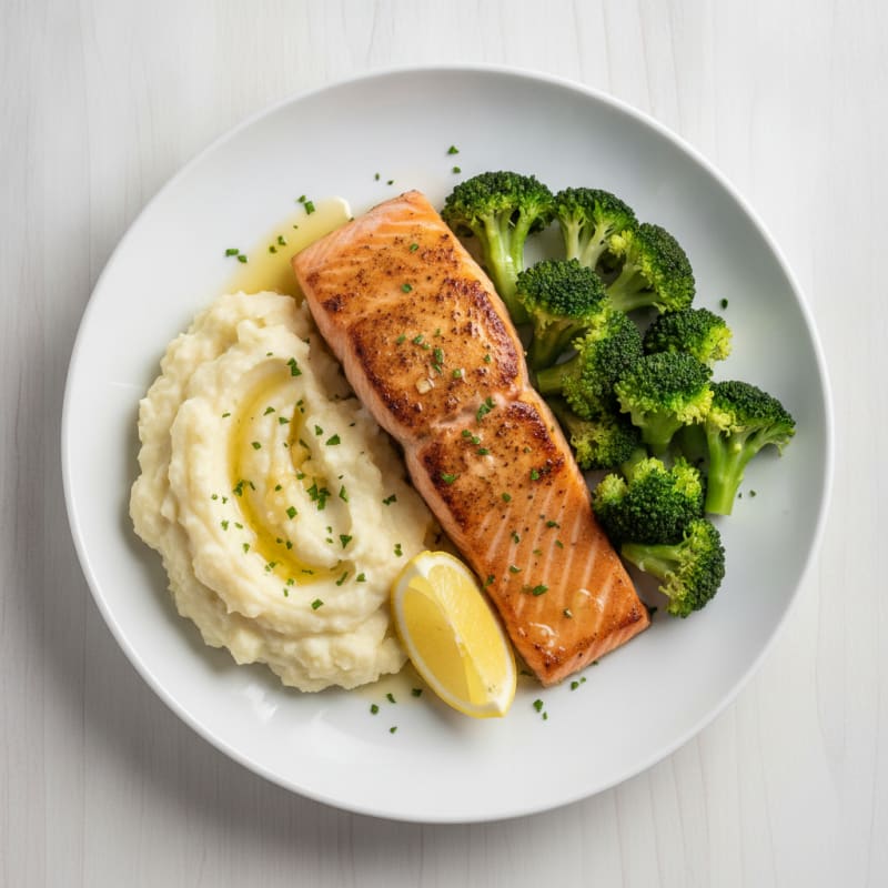 Seared Salmon with Steamed Broccoli and Garlic Mashed Cauliflower