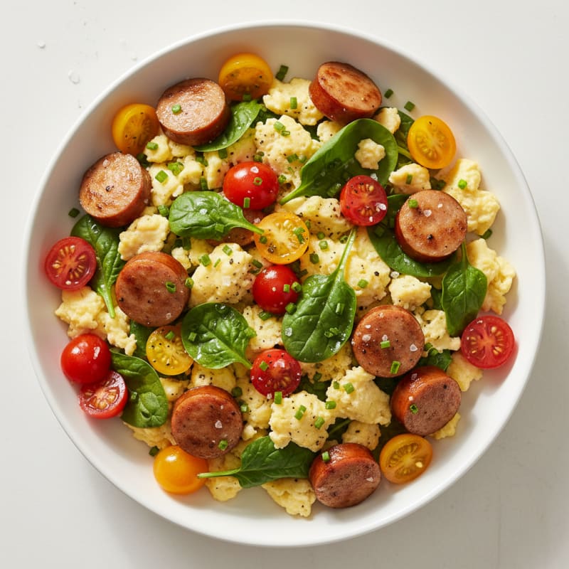 Spinach Scrambled Eggs with Heirloom Tomatoes