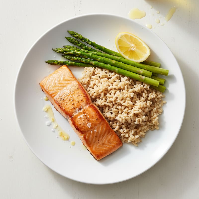 Seared Salmon with Steamed Asparagus and Brown Rice