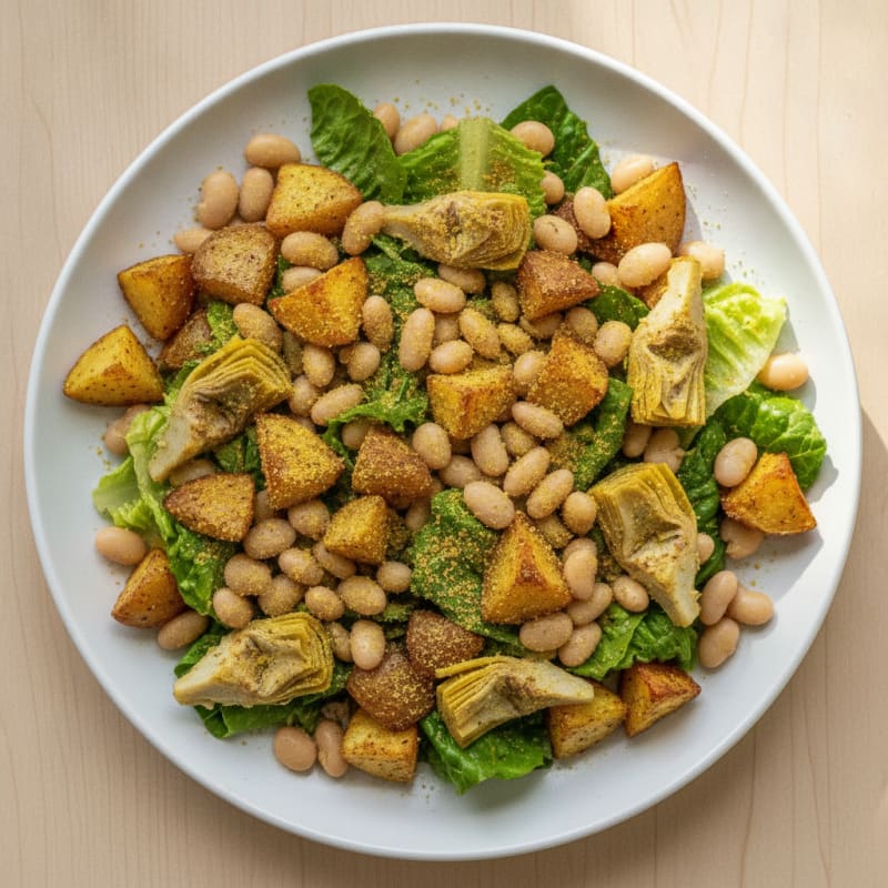 Crispy Roasted Potato and Artichoke Hearts Salad with White Beans and Romaine