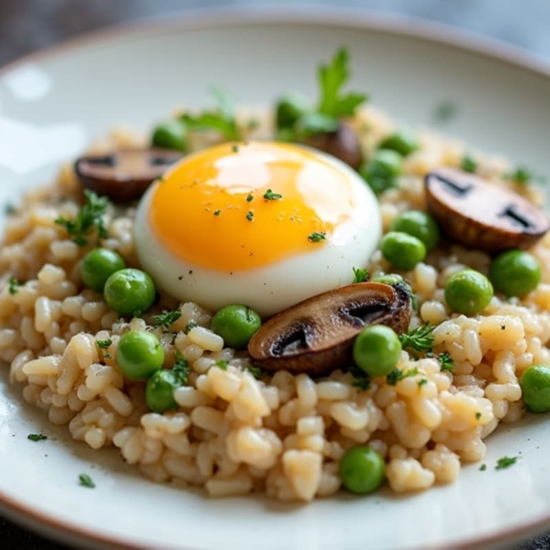 Creamy Savory Mushroom Risotto with Edamame & Poached Egg