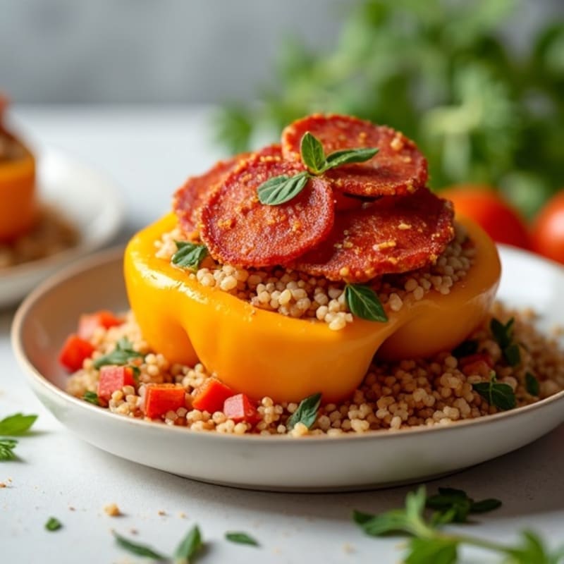 Lean Ground Turkey and Veggie Stuffed Bell Peppers with Crispy Turkey Pepperoni