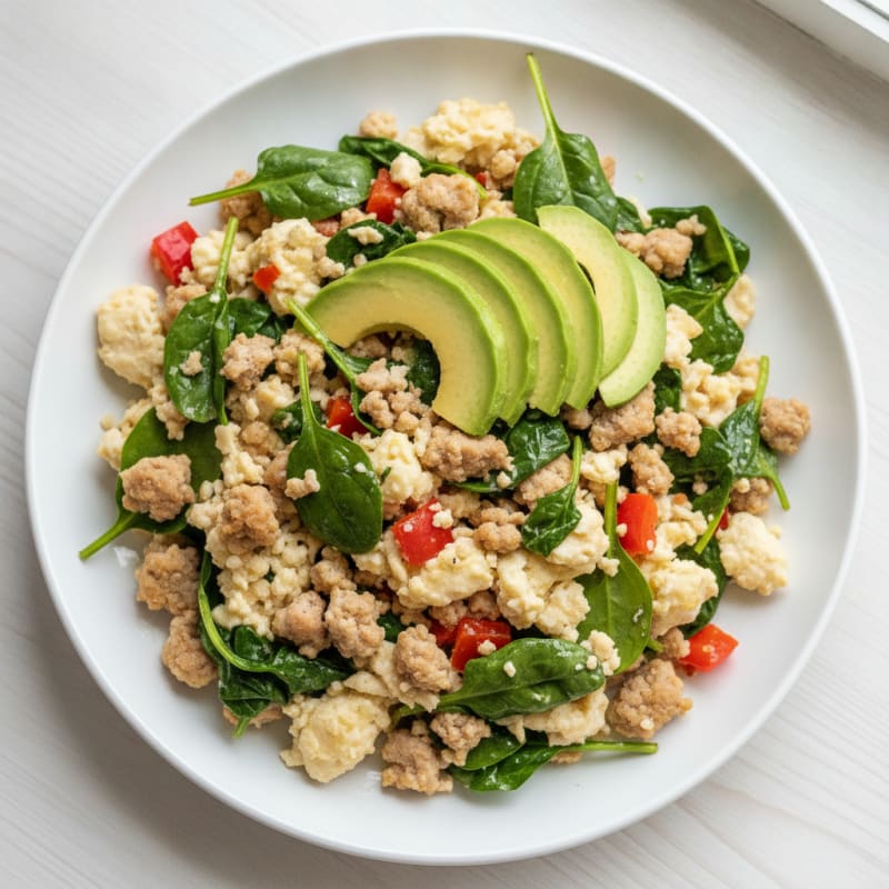 Egg White and Turkey Sausage Scramble with Sautéed Spinach