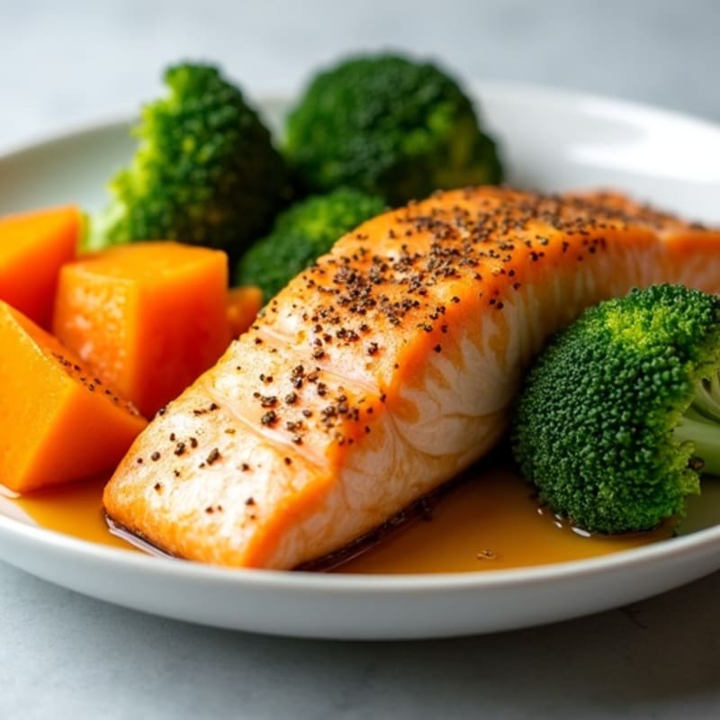 Seasoned Baked Salmon with Steamed Broccoli and Honey-Glazed Butternut Squash