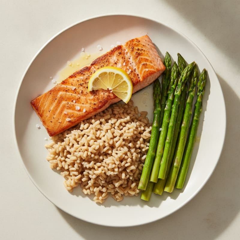 Seared Salmon with Steamed Asparagus and Brown Rice