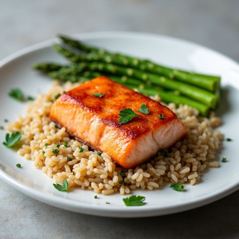 Seared Salmon with Steamed Asparagus and Brown Rice