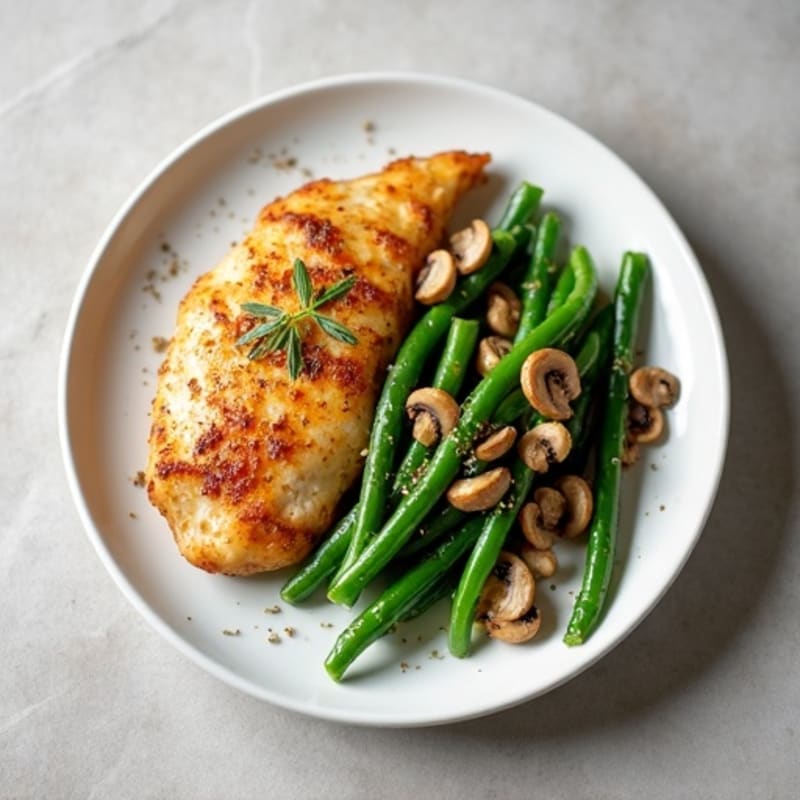 Chicken Breast with Roasted Garlic Butter Mushrooms and Crispy Green Beans