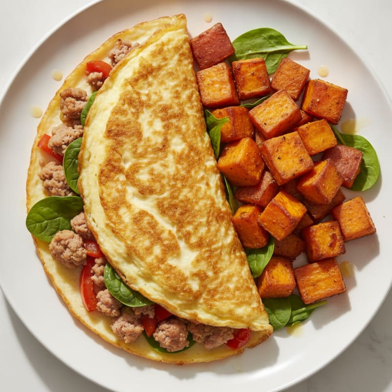 Crispy Egg White Omelet with Turkey Sausage and Roasted Sweet Potatoes